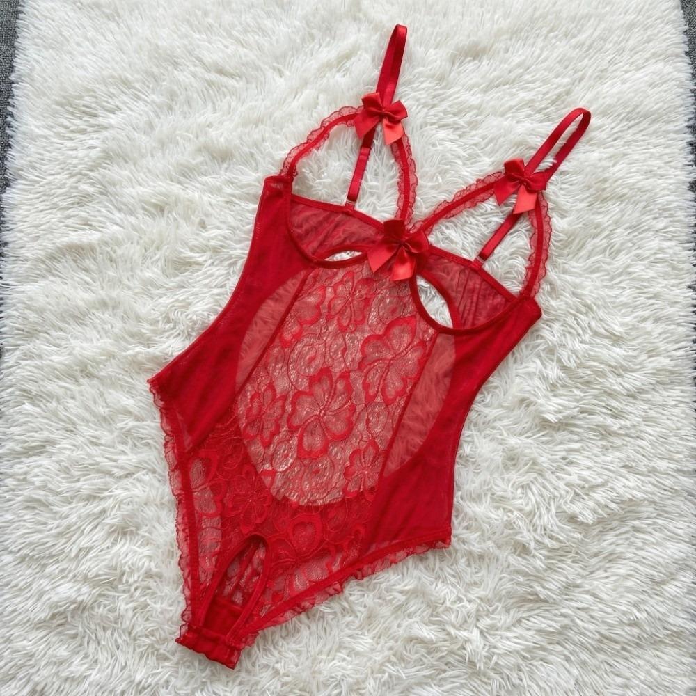 Mesh Hollow Women Underwear Deep V Lace Sling Nightwear Lingerie Lace Bow Bodysuit Gifts