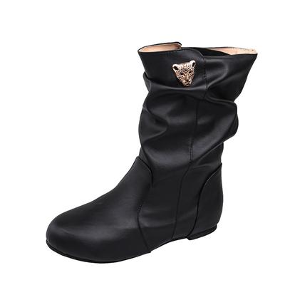 Женские полусапоги большого размера из импортной торговли 2024 года, осень-зима, новые европейские кожаные сапоги с круглым носком и складками