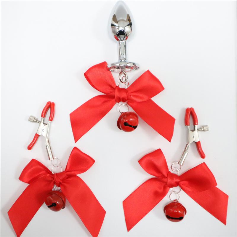 3 шт./компл. металлические колокольчики, анальная пробка, анальная пробка из нержавеющей стали, анальная пробка, галстук-бабочка, зажим для груди, пара секс-игрушек для женщин и мужчин