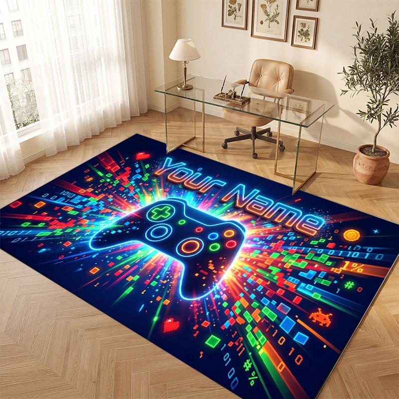 Game Controller Theme Crystal Velvet Floor Rug Personalized Custom Name Text Warm Carpet Home Decoration