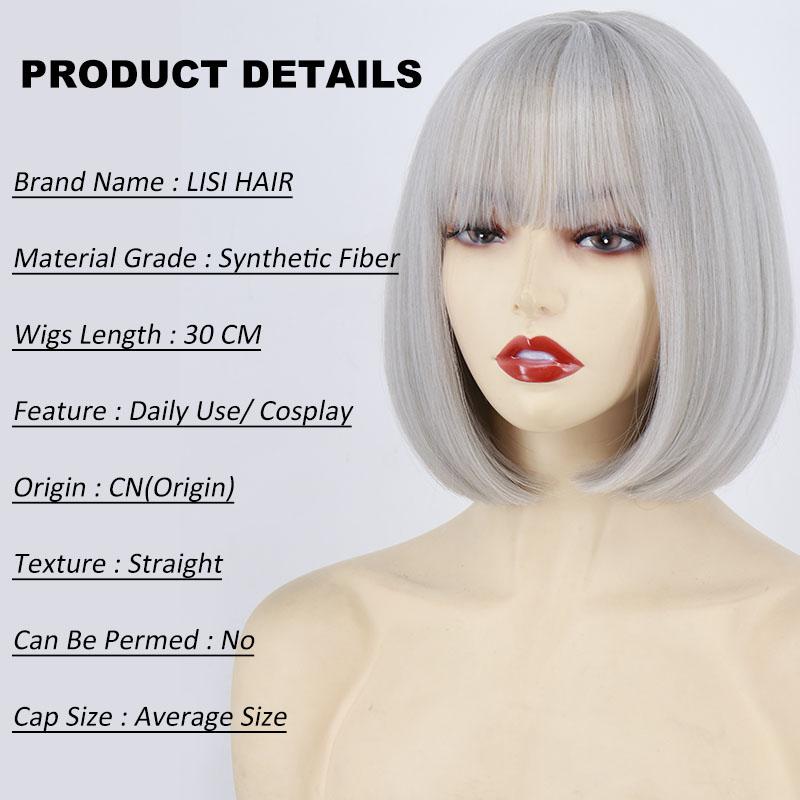 LISI HAIR Women Light Gray Hair with Bangs Synthetic Fiber Wig Cosplay Straight Bob Wig Shoulder Length Straight Bob Halloween Wig