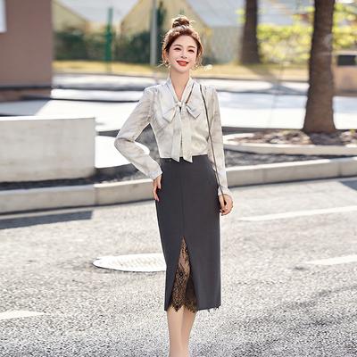 Весенне-осеннее новое платье в стиле «Королевская сестра» с бантом, V-образным вырезом, контрастной цветной вставкой, юбкой, имитацией двух частей, длинными рукавами, женское