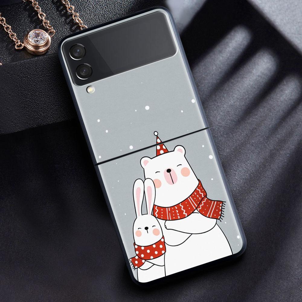 Case For Samsung Galaxy Z Flip 3 4 5G Black Hard PC Phone Housing Z flip4 Luxury Segmented Cover Christmas Cartoon