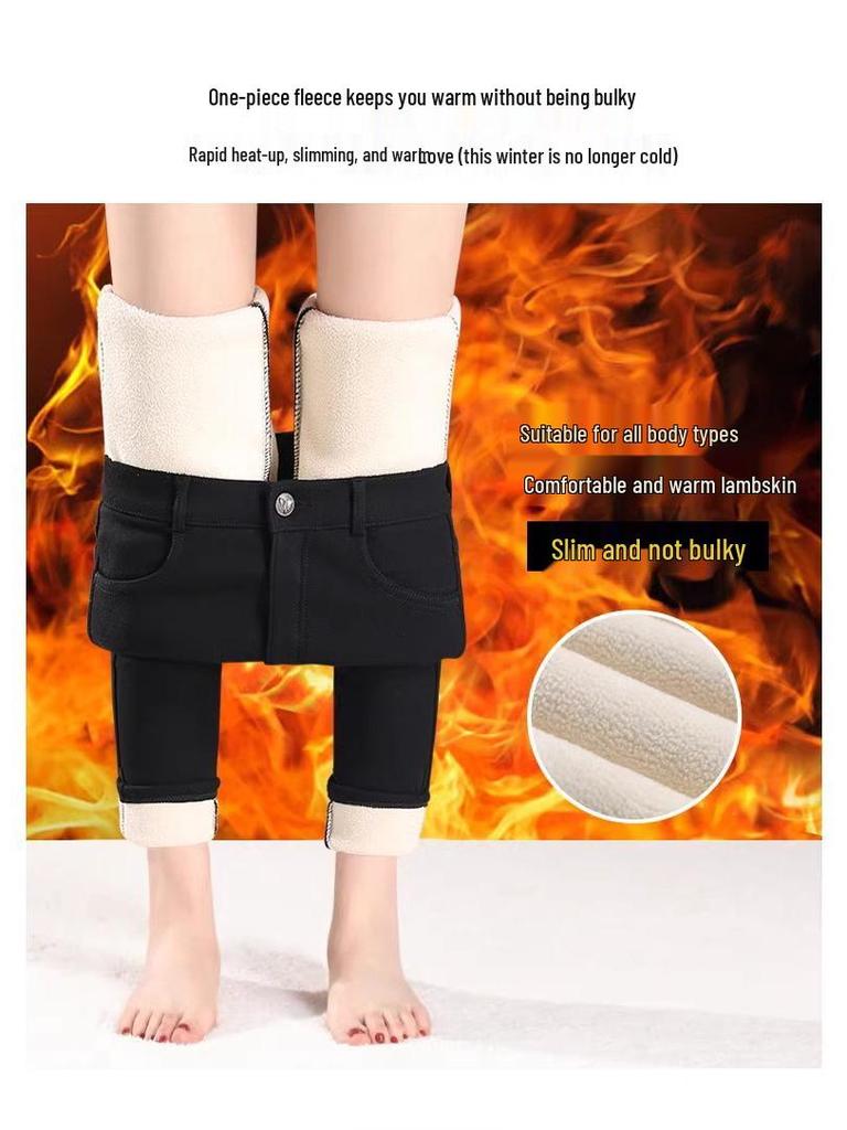 Женские зимние черные леггинсы на флисовой подкладке - Толстый хлопок из овечьей шерсти, Облегающий крой, Стиль осень/зима 2025