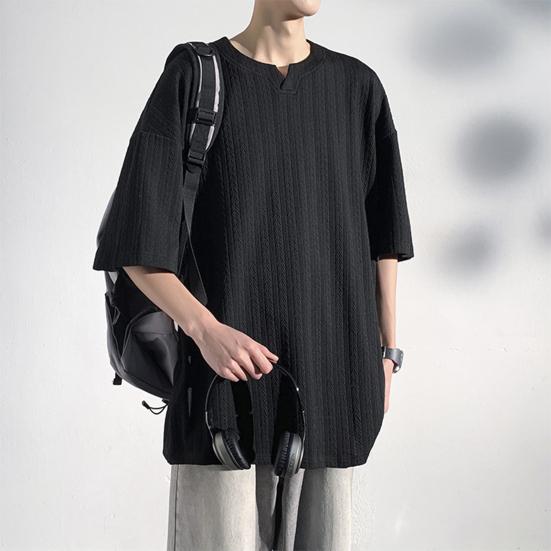 Мужская футболка с V-образным вырезом, коротким рукавом, текстурой с переплетением, однотонная свободная посадка, повседневные топы из ледяного шелка, повседневная одежда