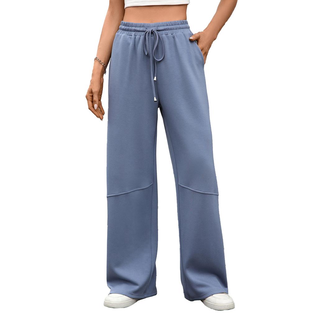 New Solid Color Elastic Waist Drawstring Pocket Wide-leg Long Pants for Women In Autumn and Winter