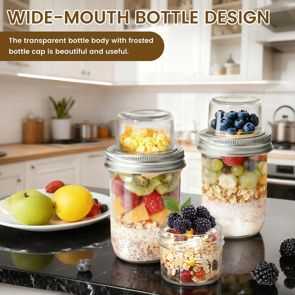 2/4 шт. Чашки для завтрака, Салатные чашки, Прозрачная стеклянная банка для овсянки на ночь с крышкой и разделением на сухое и мокрое, Контейнер для приготовления йогурта