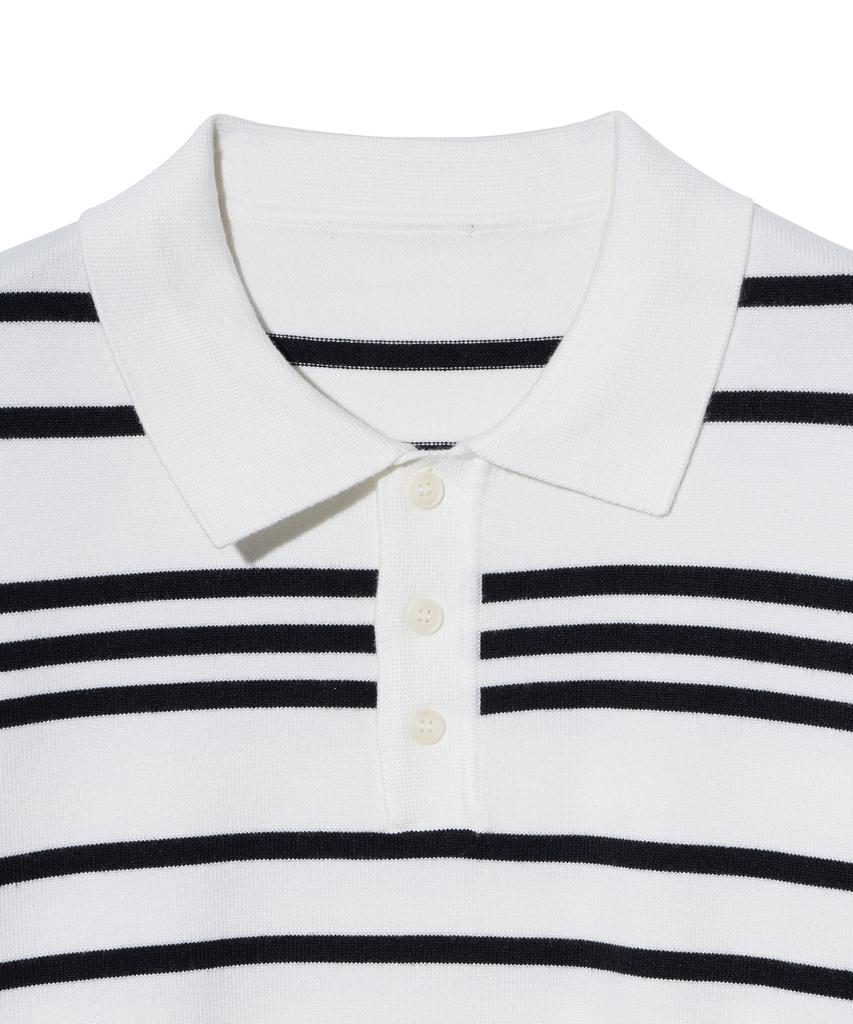IRONYPORNO WHITELINE 86-Iroj358 Collared Neck Small Striped Long Sleeve Knit White