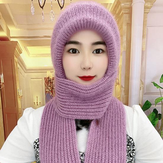 Women Winter Hat with Scarf Thick Warm Plush Windproof Cycling Headwear Solid Color Elastic