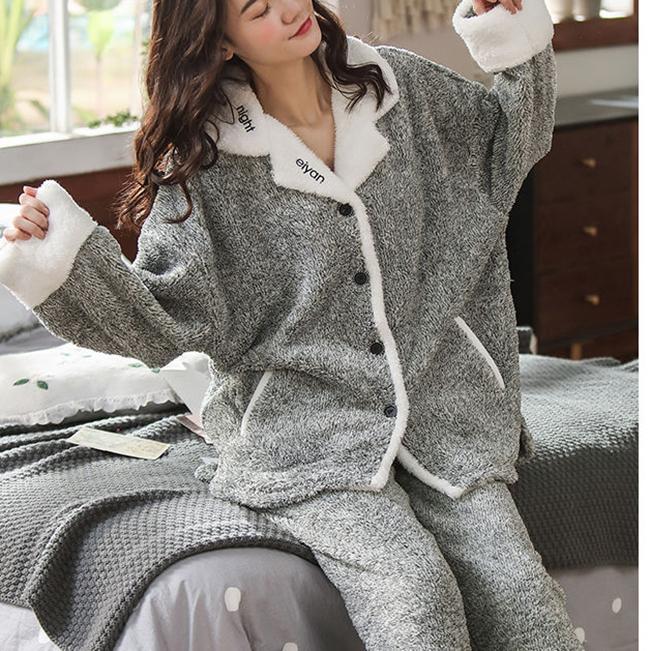 Осень-зима, женские фланелевые коралловые бархатные пижамы с длинными рукавами, свободный костюм из двух предметов, домашний кардиган с вышивкой, мягкий, удобный, приятный для кожи