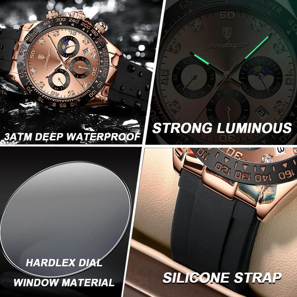 Poedagar 629 Quartz Men Watch with Silicone Steel Band Fashion Sport Chronograph Wristwatch Luminous Date Waterproof Clock