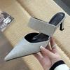 Fashion Fashion Bling Wide Strap Buckle Design Slippers Women Summer Sexy Pointed Toe Thin High Heel Slide Sandals Elegant Mules Heels