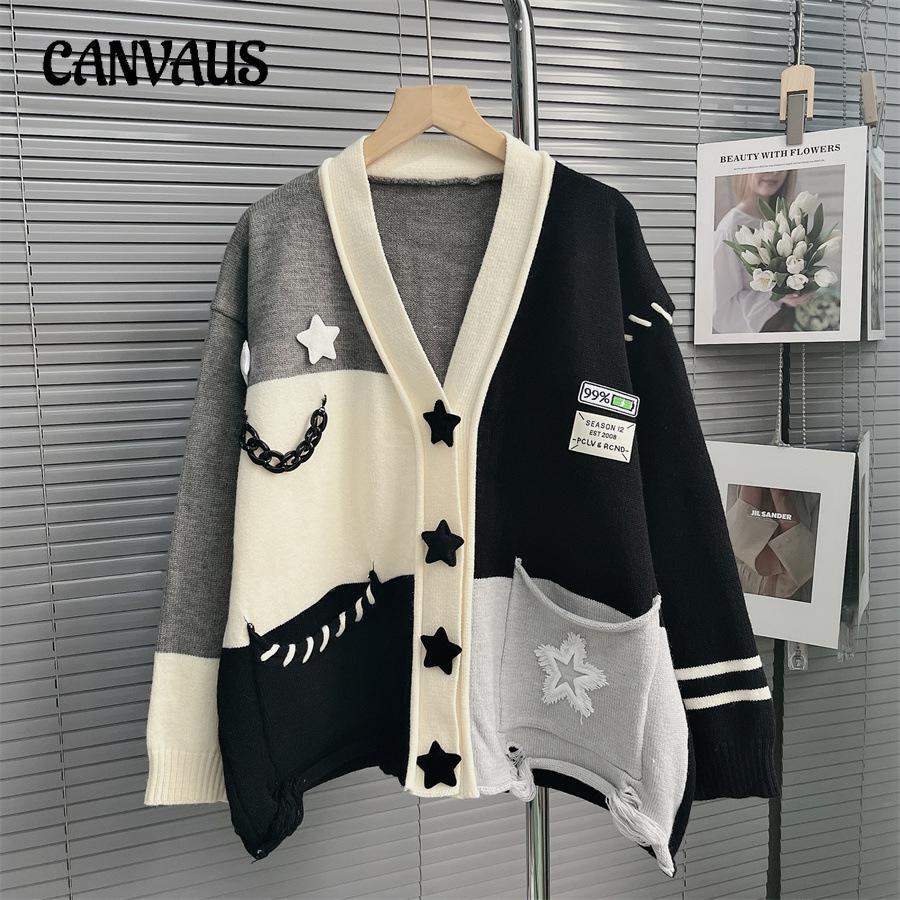 Autumn and Winter Women's Sweater Stars Heavy Splicing Color Collision Soft Knitted Cardigan Lazy Wind Sweater