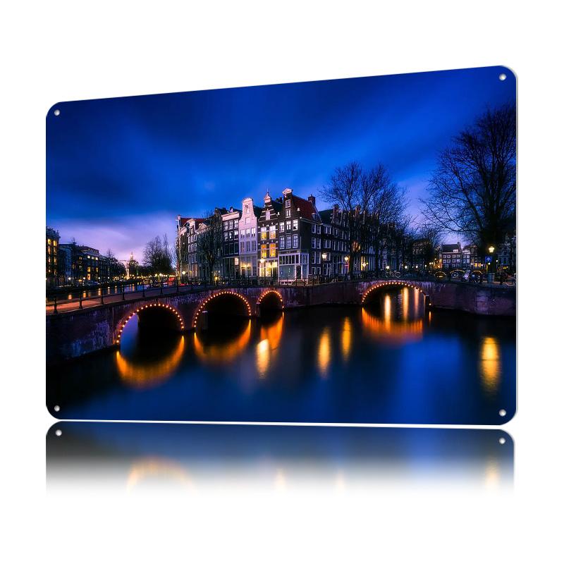 Amsterdam Canal At Night Metal Poster Custom Wall Art Retro Vintage Tinplate Signs for Man Cave Gaming Room Decoration Cozy Home