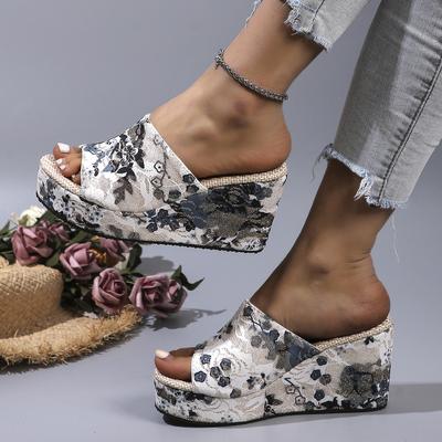 Женская обувь, модная обувь, повседневные шлепанцы, летние винтажные тапочки на танкетке с открытым носком и цветочным принтом