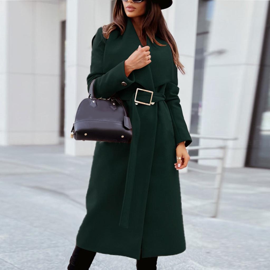 Women's Winter Long Sleeve Lapel Pocket Casual Coat Belt Woolen Coat