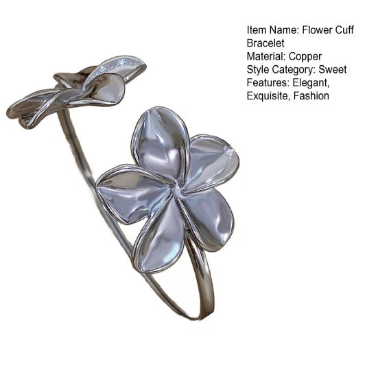Flower Cuff Bracelets for Women Double Flower Open Bangle Bracelet Adjustable Metal Bracelets Wedding Party Jewelry