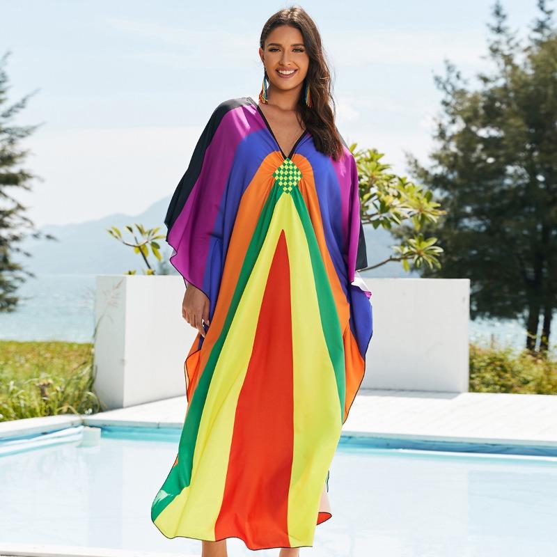 Женская мода весна осень цветные блоки принт длинный рукав V-образный вырез свободная талия повседневные платья