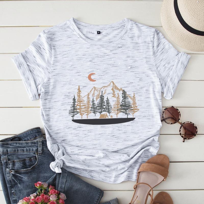 Summer Women's Loose Round Neck Pure Cotton Landscape Mountain Short Sleeved T-Shirts Women’s