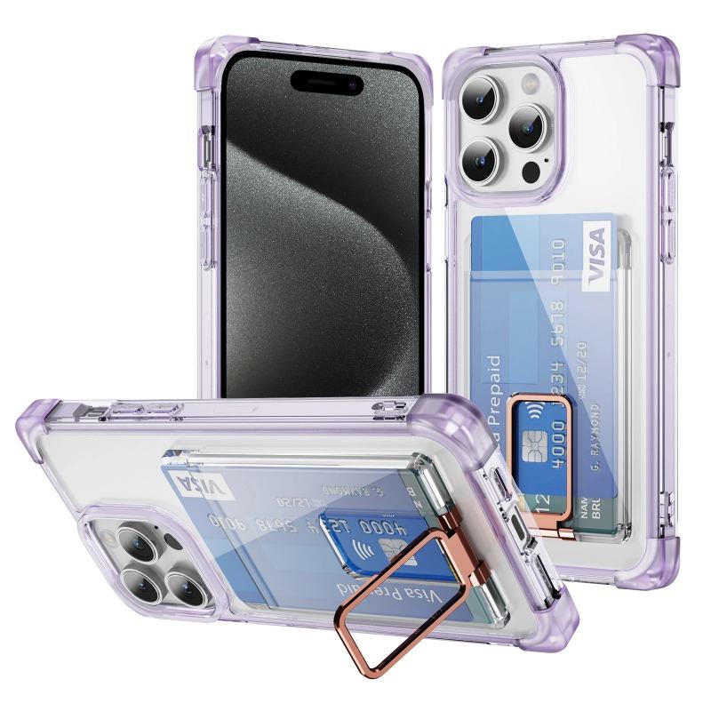 Shockproof Acrylic Card Slot Holder Clear Phone Case for iPhone 15 14 13 12 11 Pro Max 15Plus 14Plus Metal Kicstand Bumper Cover