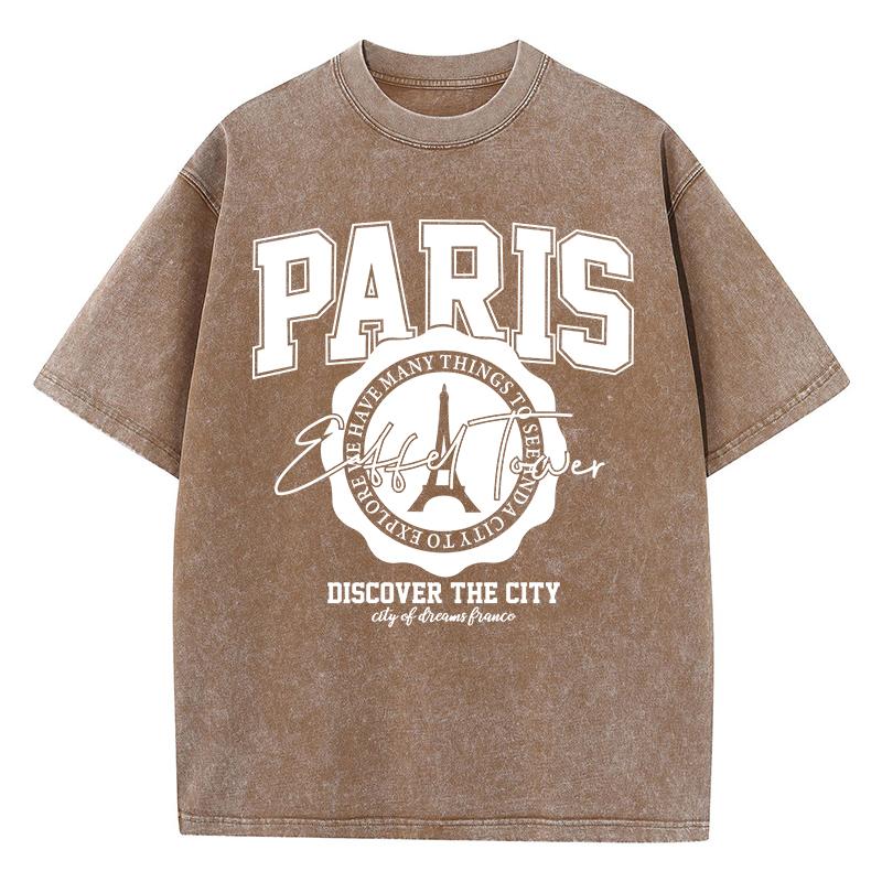 Повседневные женские футболки с кислотной стиркой, футболки с принтами 'Paris Discover The City', состаренные, оверсайз, хлопковые, с коротким рукавом