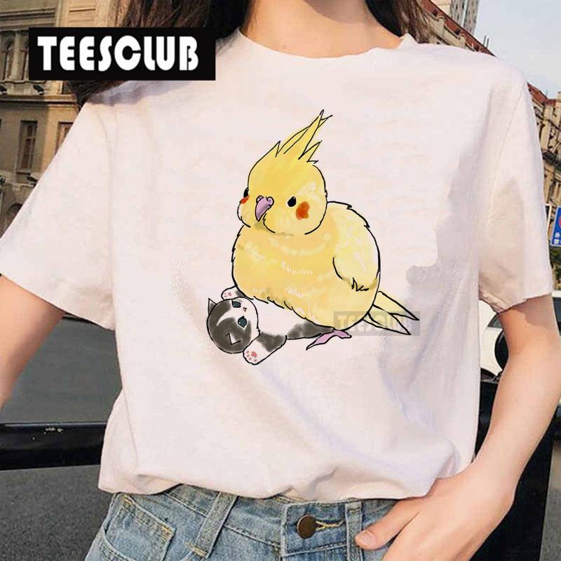 Women's Polyester 100% European-Style Cartoon Parrot Cat Print T-shirt Short Sleeve Harajuku Graphic Top Summer