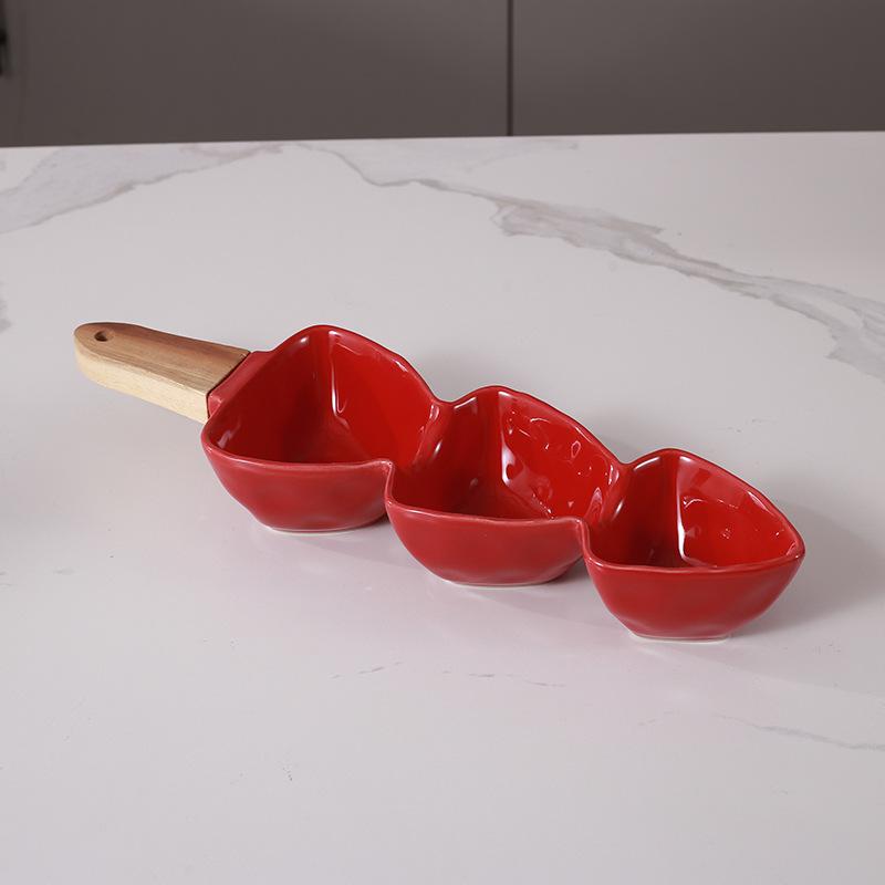 Керамическая чаша с ручкой в европейском стиле с поясом из бамбука и деревянной ручкой, керамическая тарелка для сухофруктов, закусочная тарелка