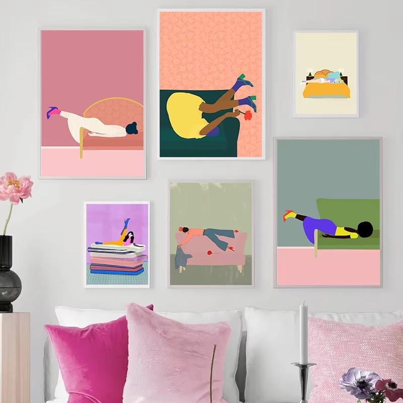 Абстрактное искусство Женщина Настроение Диван Джунгли Пижама Плакат Картина на холсте Смешная повседневная жизнь Настенная картина Гостиная Домашнее украшение
