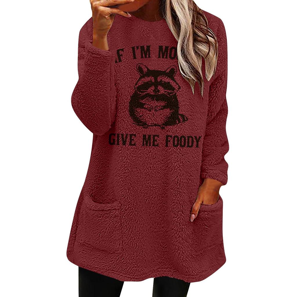 Autumn/Winter Women's European & American Printed Casual Loose Round Neck Long Sleeve Plush Hoodie with Pockets