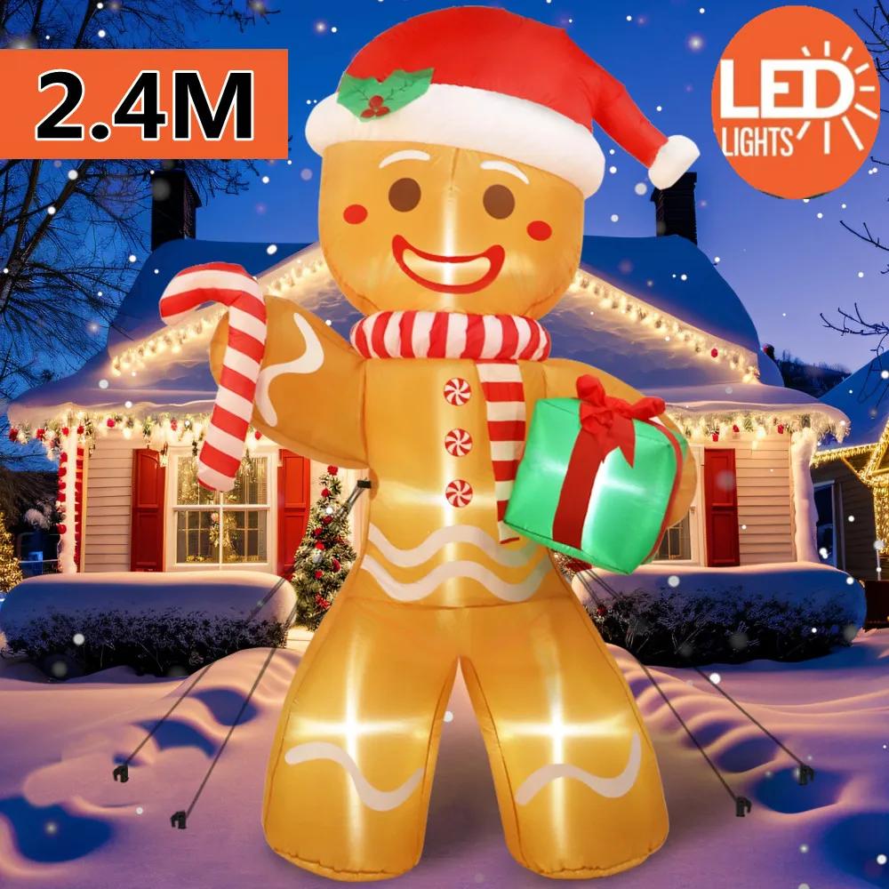 8FT Christmas Inflatable Gingerbread Man Toy With Gift Pack LED Light Used For Indoor Outdoor Courtyard Lawn Garden Decoration