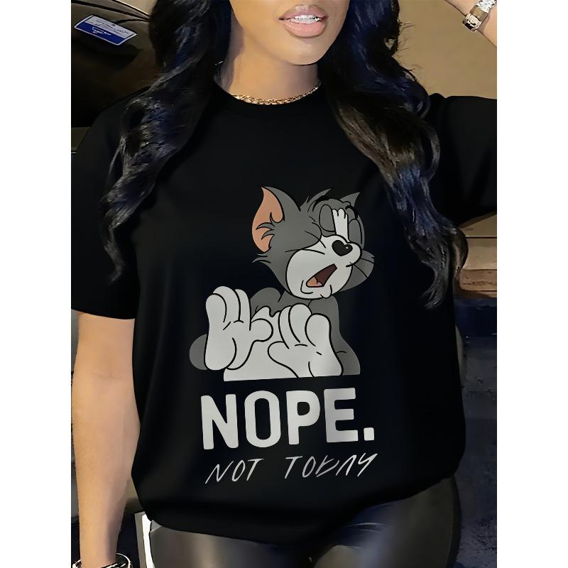 Европейский размер - Женская графическая футболка Tom And Jerry - Повседневная, с круглым вырезом, с короткими рукавами