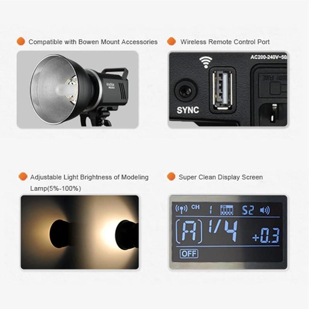 Godox MS300 Studio Flash 150 Вт Shapelight Bowens Время восстановления 300 Вт, 2.4G Wireless, Выход, Anti-Preflash, Установка, 5600+200K CCT, 0.1-1.8 с