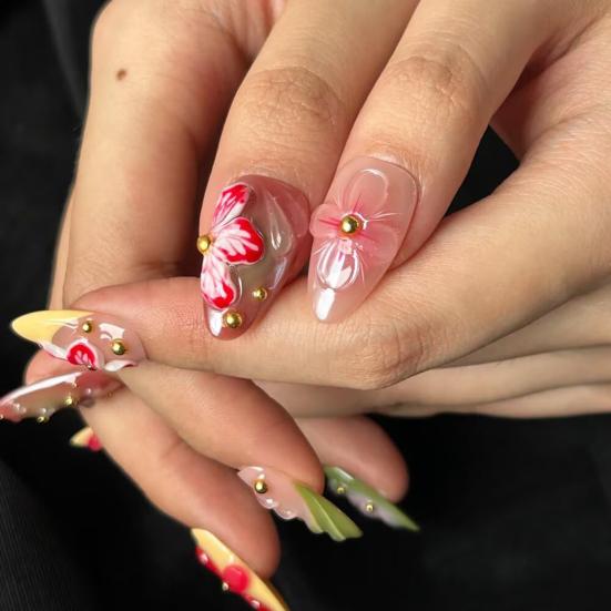 10Pcs 3D Floral Press-on Nails Thick Gel Design Summer French Fake Nails with Tip Artificial