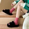 Women's Pure Cotton Mid-Calf Socks, Korean Style Trendy Solid Color, Double-Needle, Autumn/Winter Vertical Stripe, Knee-High Slouch Socks