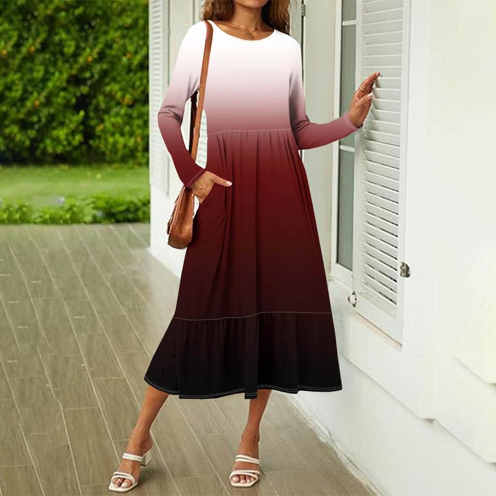 Women's Gradient Sequins Printed Casual Dress Spring Autumn Pocket Round Neck Long Sleeve Dresses