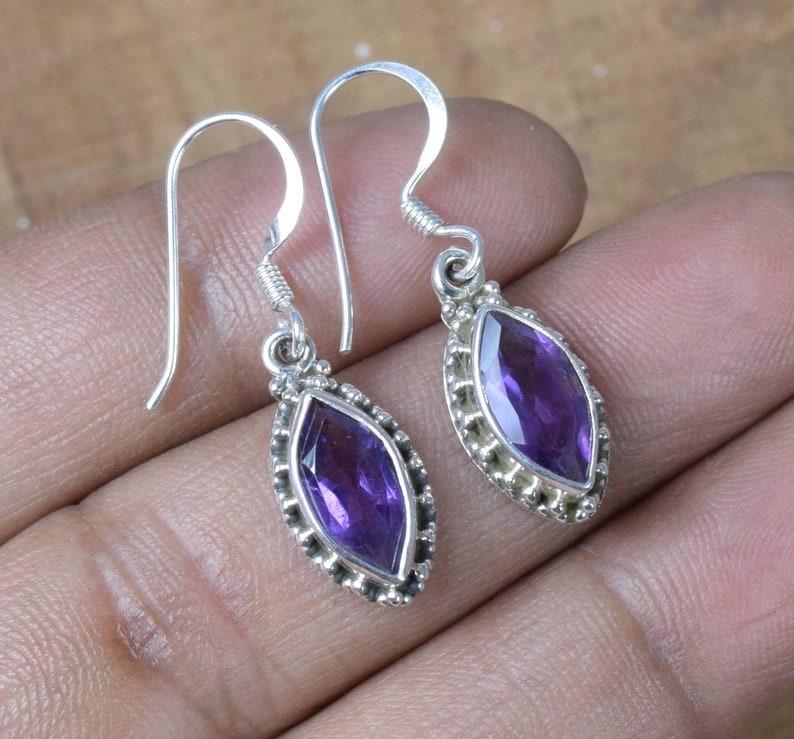 Solid 925 Sterling Silver Amethyst Gemstone Handmade Boho Designer Earrings Jewelry