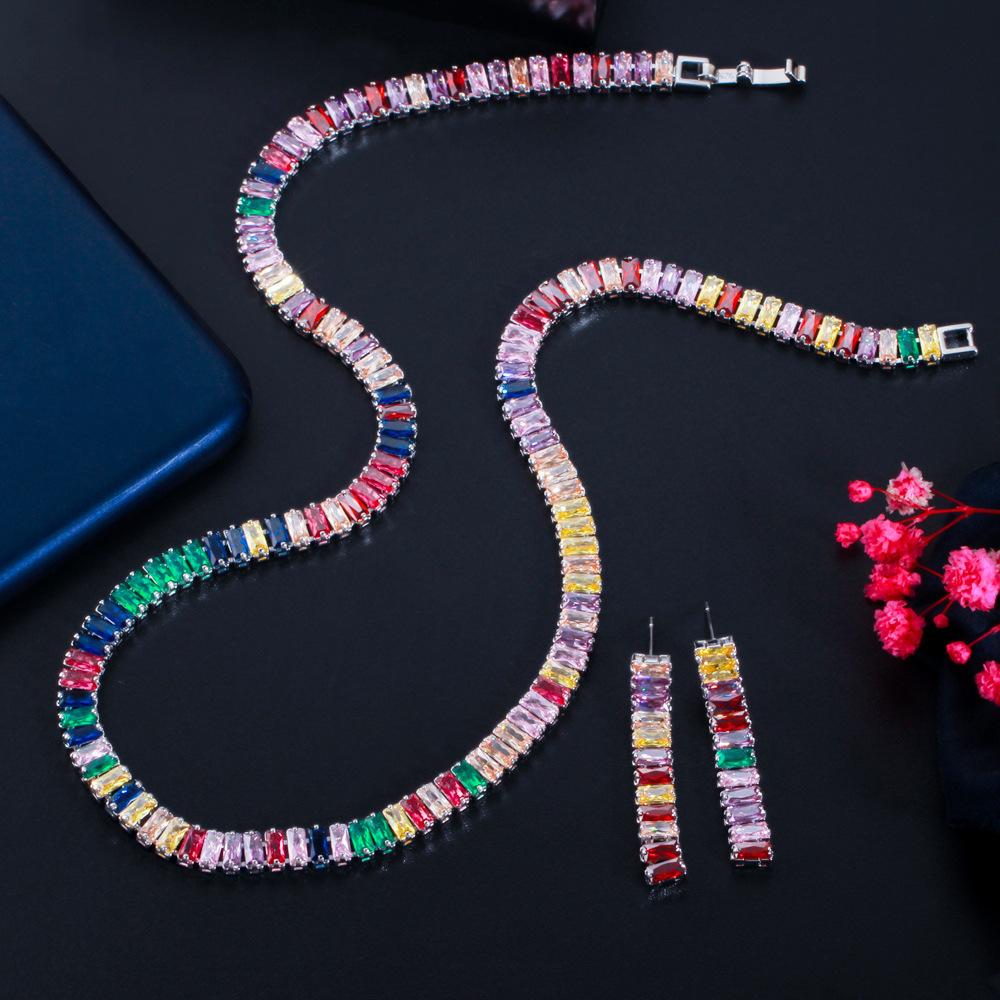 Ювелирные изделия Ожерелье с радужным цирконом и бриллиантами Комплект ожерелья и серег для гала-ужина