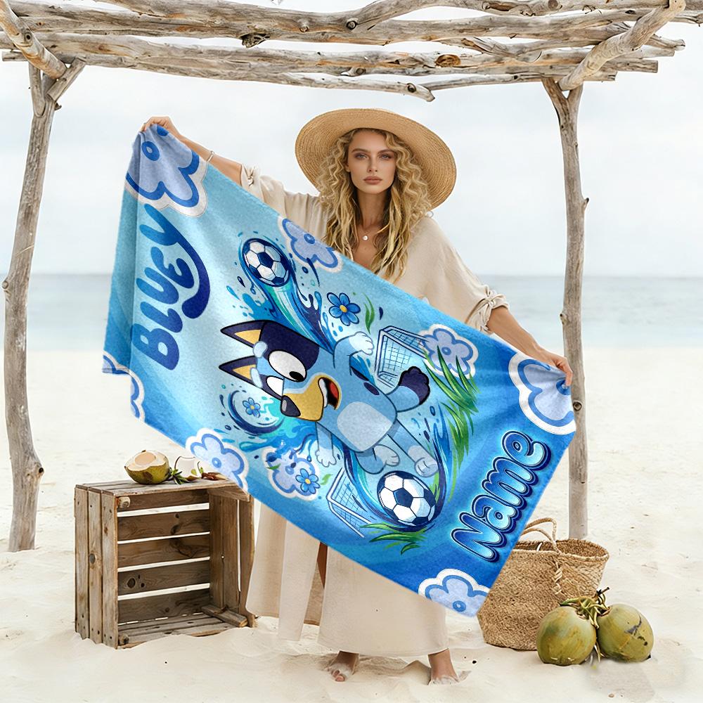 Bluey Soccer Adventure Customizable Name Beach Towel Quick-Dry Soft Microfiber Perfect for Traveling Yoga Camping and Swimming