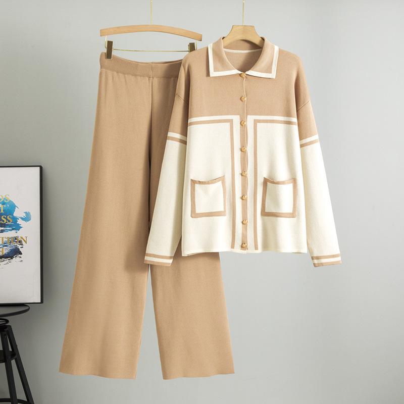 Плюс размер женский весенний новый лацкан цветной контрастный модный повседневный свободный вязаный кардиган из двух частей комплект