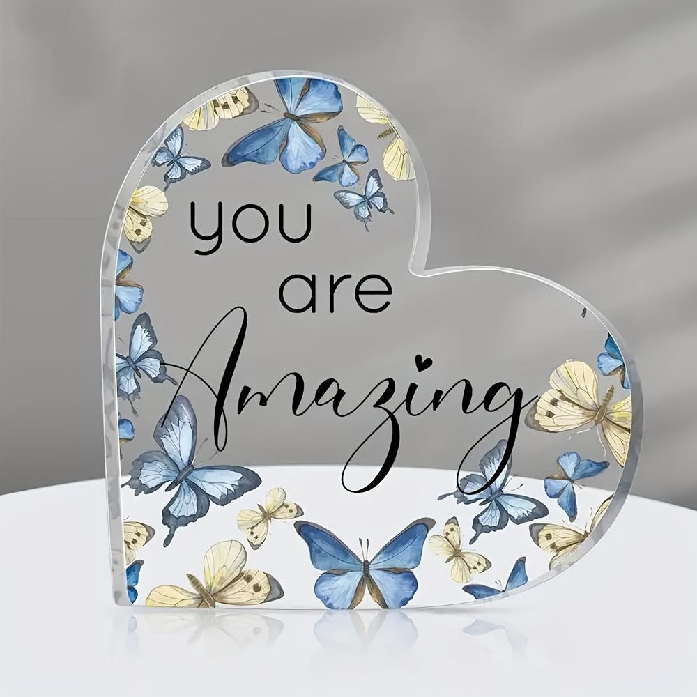 2D Flat, You Are Loved Acrylic Heart Keepsake - Retro Butterfly Decor with Rustic Butterflies, Frameless Desktop Token Suitable for Employee Appreciat