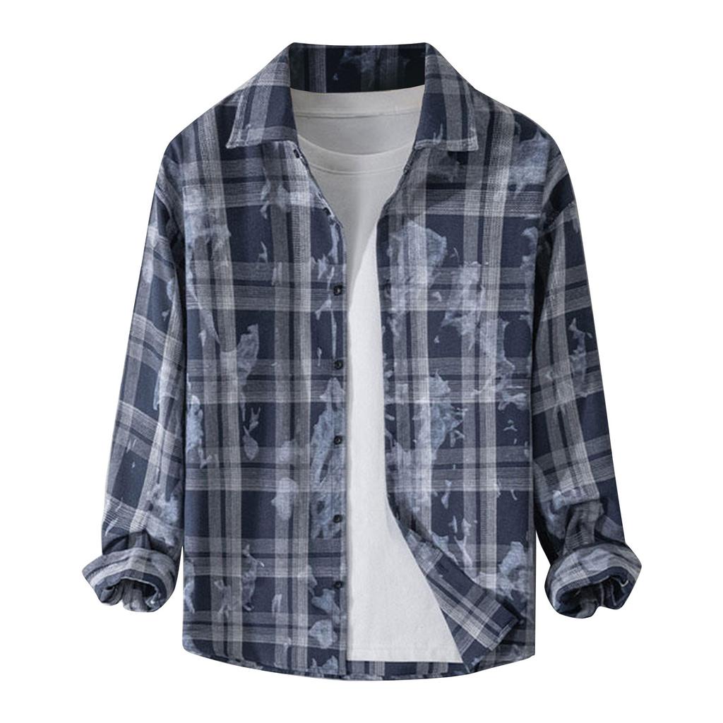 Мужская осенняя повседневная свободная клетчатая рубашка с длинным рукавом на пуговицах