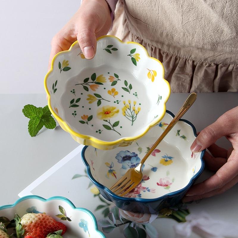 Скандинавская простая керамическая миска для торта с ручной росписью, красочная фарфоровая миска для супа с фруктами, кружевная миска для риса с закусками, посуда
