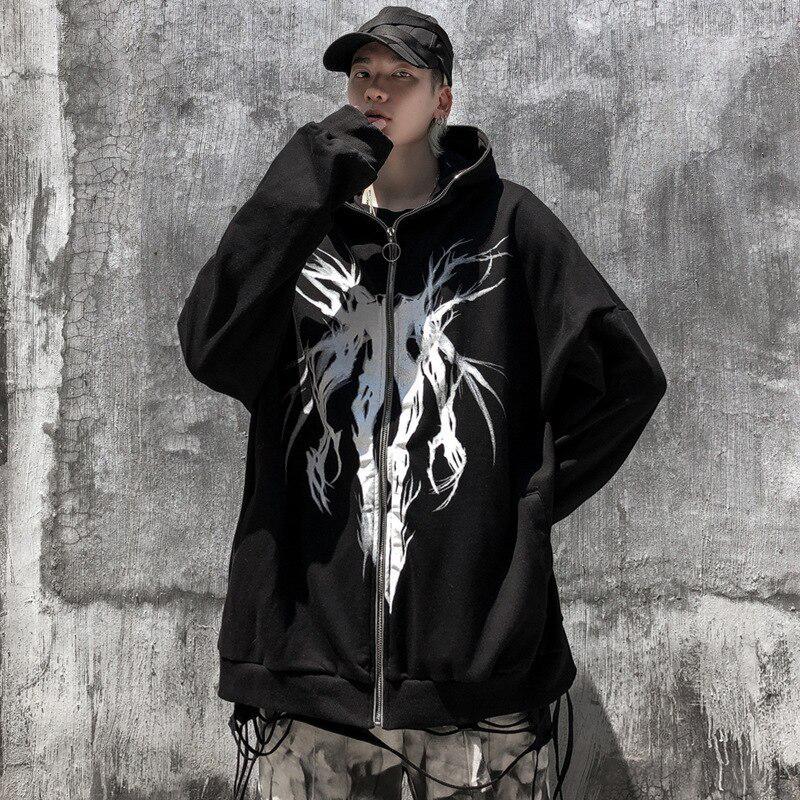 Худи Harajuku Y2K Devil Wings, чёрное, унисекс, осенний стиль, на молнии и с капюшоном.
