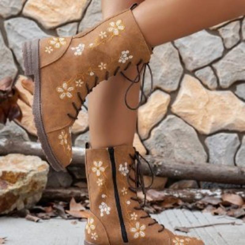 Ботинки мартинс зима новые круглый носок толстый каблук шнуровка вышитые женские ботинки большой размер женская обувь