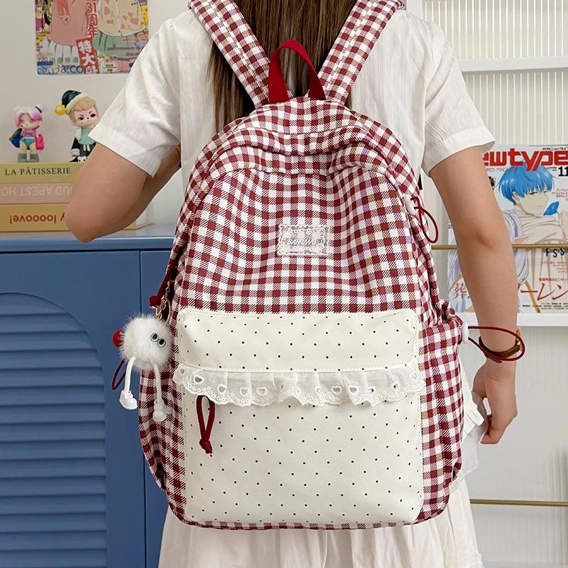 Schoolbag school bag plaid corrugated lace girl travel small backpack high value sweet wind student backpack