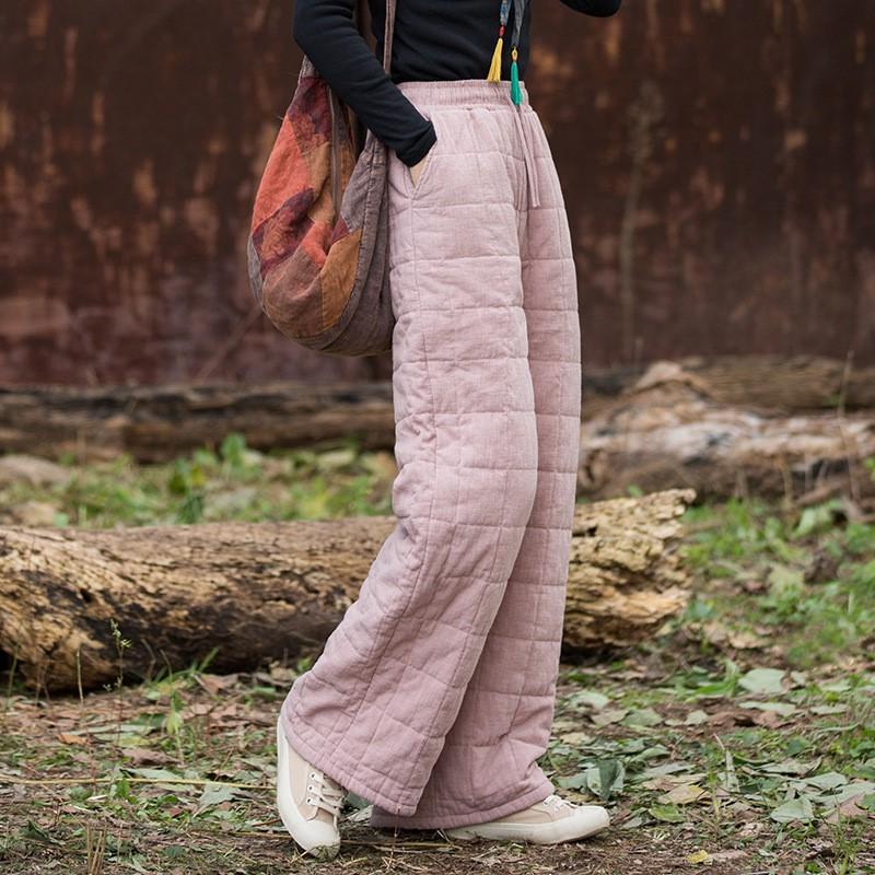 Johnature Женские винтажные зимние теплые прямые брюки на резинке однотонные с карманами брюки в китайском стиле