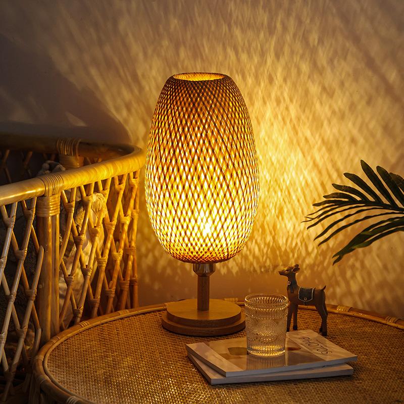 Japanese Wabi-Sabi Style Bamboo Table Lamp Hand Woven E27 Desk Light Simple Creative Design Night Light Bedroom Tea Room Hotel