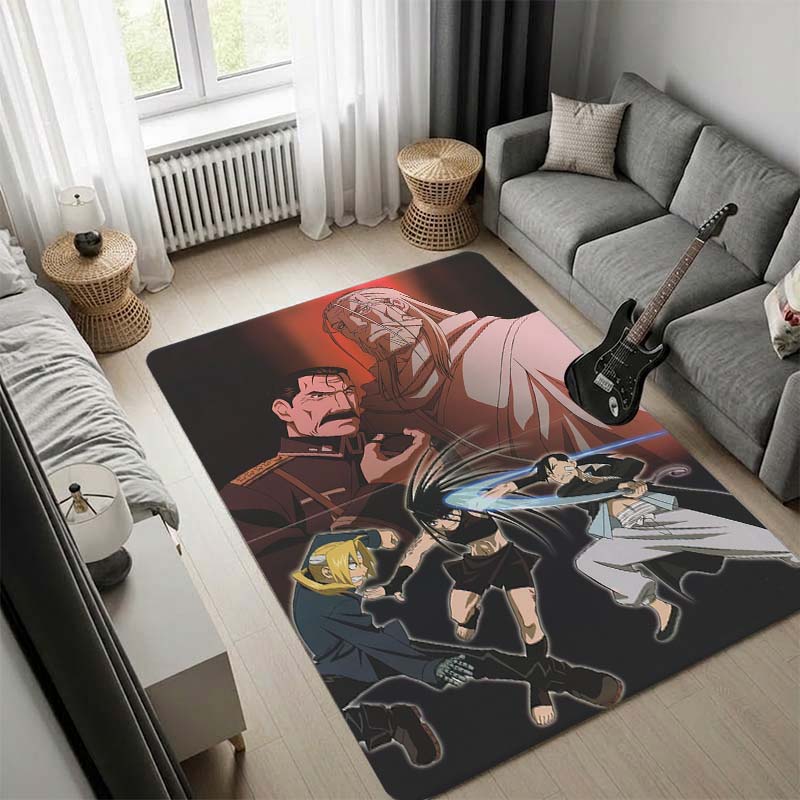 Fullmetal Alchemist Anime Rug, Edward Elric VS Villains Fight Scene Print Carpet, Living Room Game Room Floor Mat Home Decor