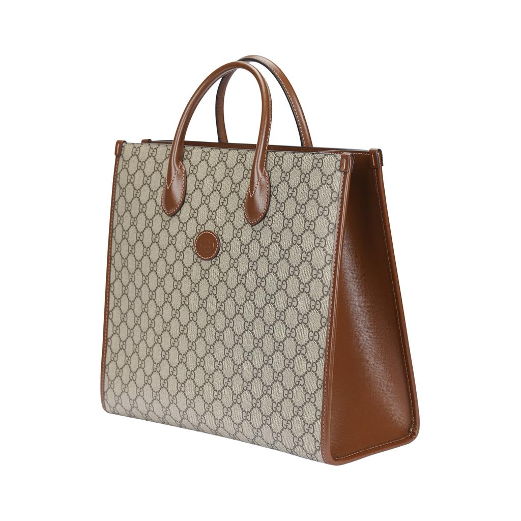 Gucci Монограмма Логотип Переплетающиеся Двойные G Большой Вместимости Холст и Кожа Сумка-тоут Унисекс Сумки-тоут Эбеновый Коричневый 674148-92THG-8563