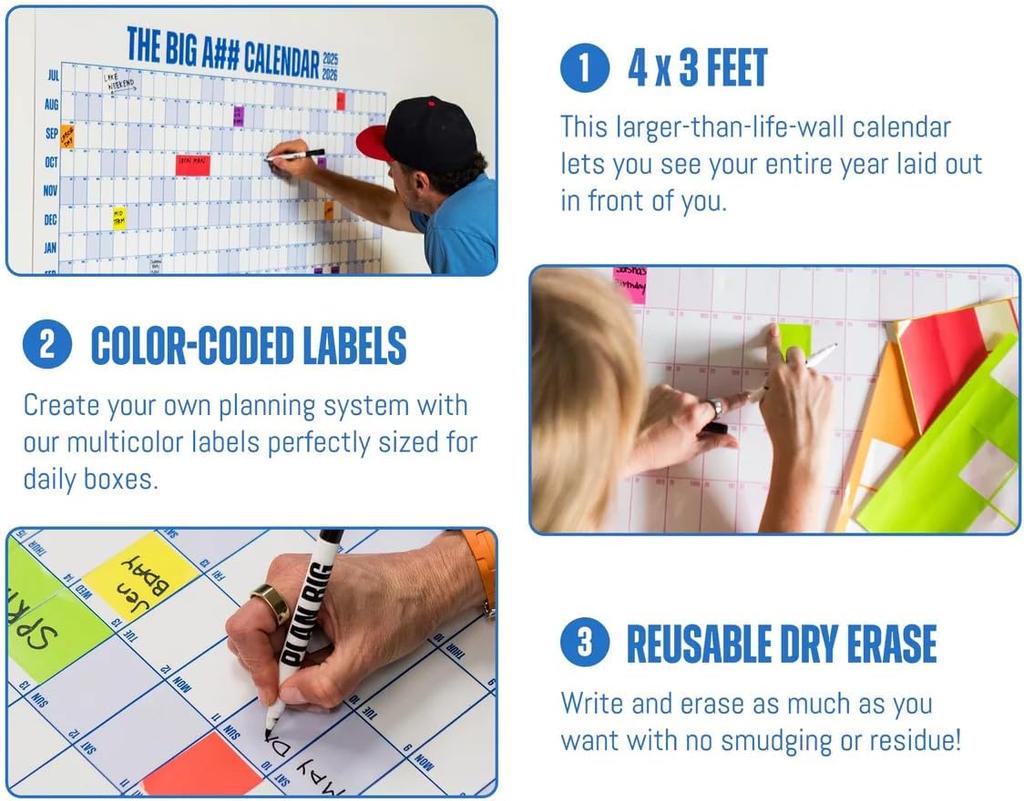 2026 erasable wall calendar annual view planning calendar easy to hang with markers and 100 stickers blue